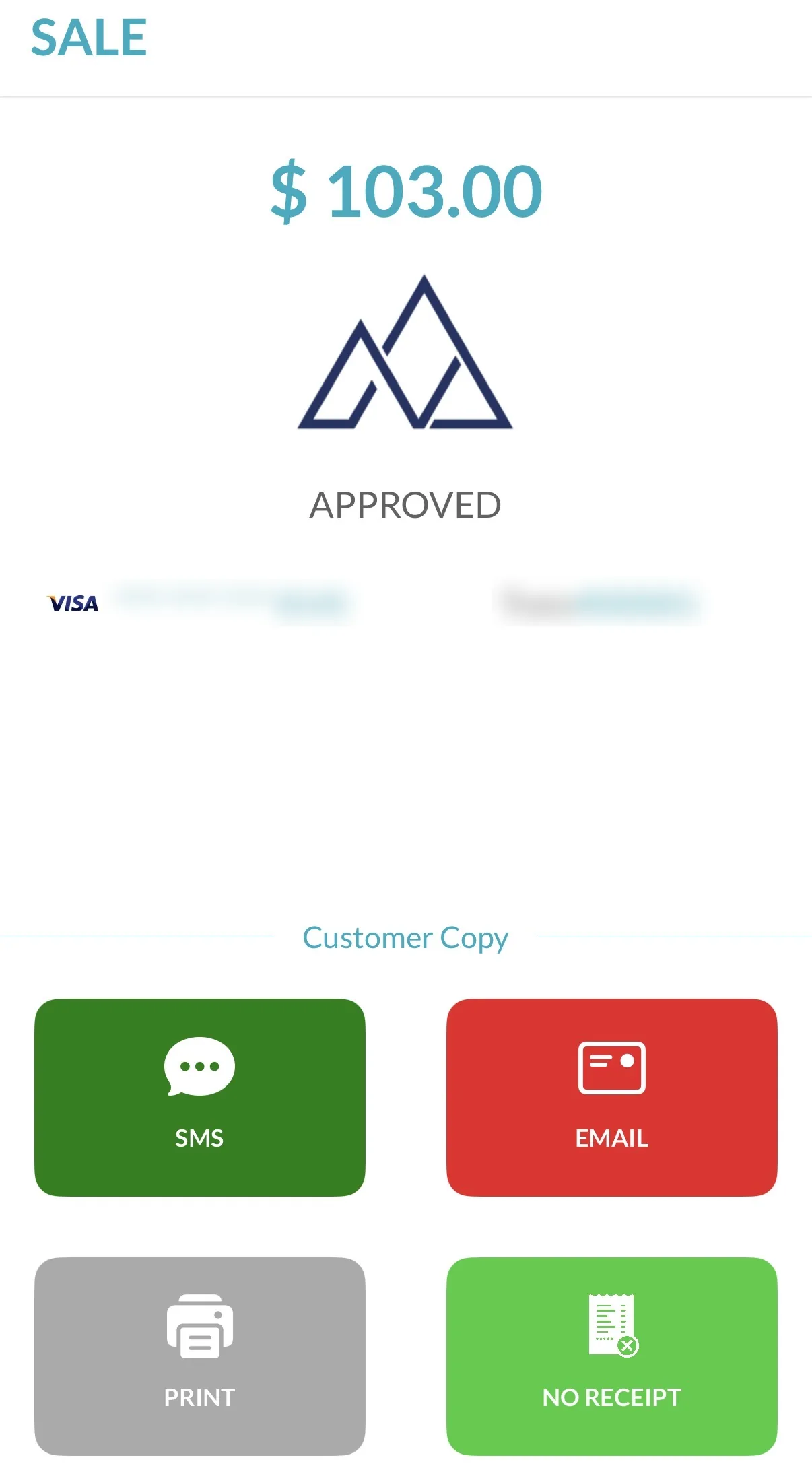 Terminal screen. A credit sale is approved at $103.00 with receipt choices: text, email, print, or no receipt.