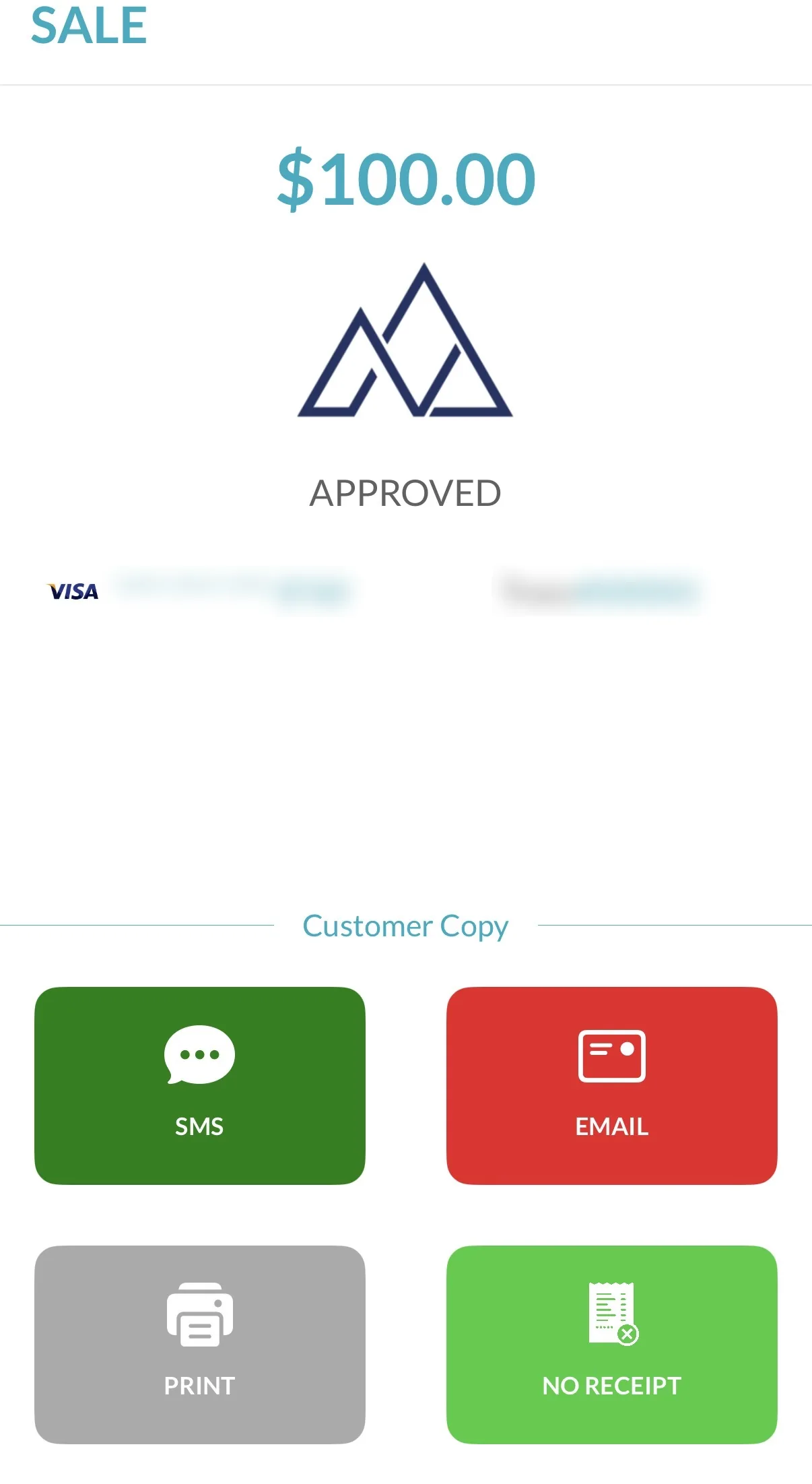 Terminal screen. A debit sale is approved at $100.00 with receipt choices.