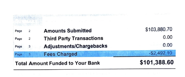 Redacted current processor statement showing fees absorbed by the practice